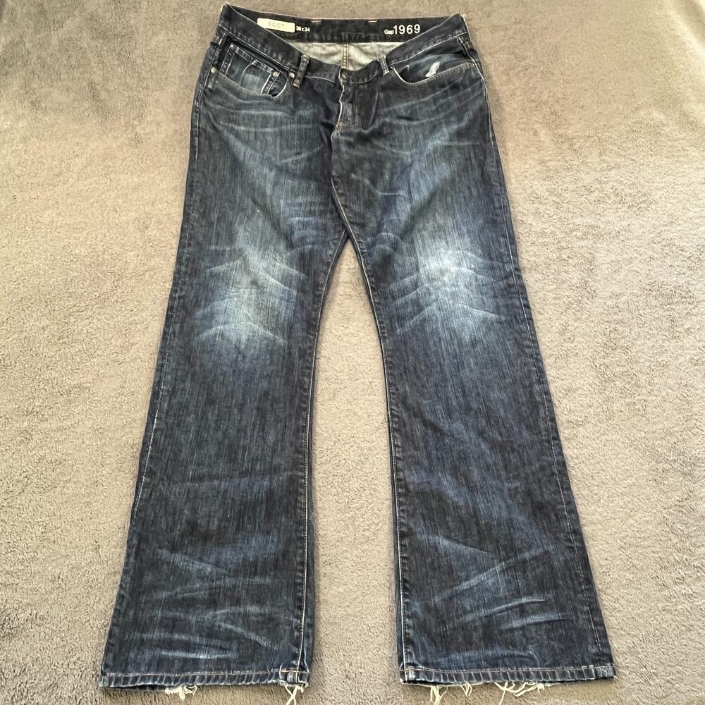 Gap 1969 Dark Wash Distressed Frayed Hem Bootcut Denim Jeans Men's Size 38x34